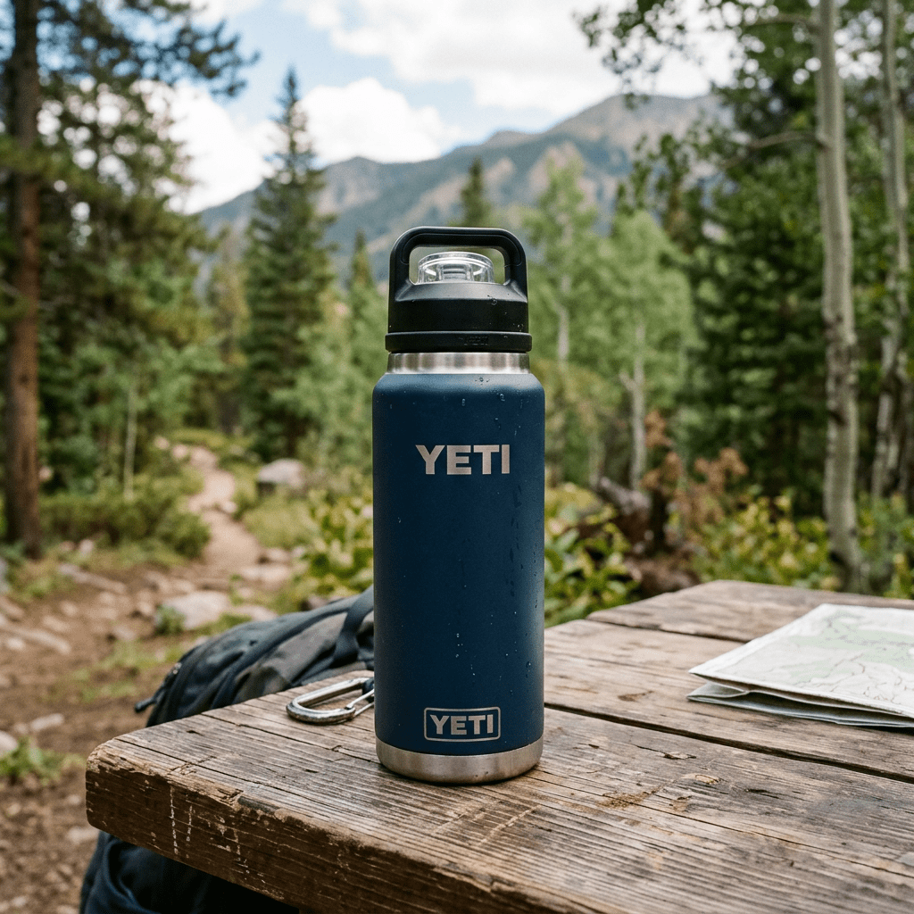 Blue YETI water bottle on wooden table with forest background